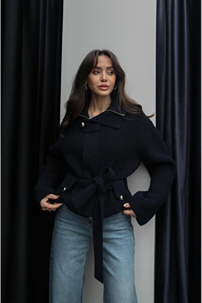 Havoş Navy Blue Zippered Belted Wool Blend Cardigan