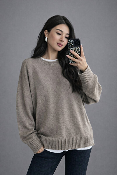 Kırlangıç Moda Mink Oversized Crew Neck Women's Knitwear Sweater