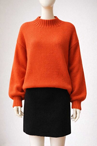 arslan triko Turuncu Balon Kol Oversize Triko Kadın Kazak