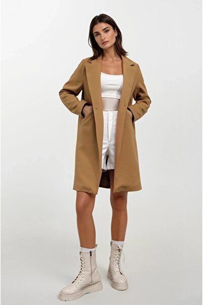 Yasmy Collection معطف نسائي أنيق من الكاشير بلون الخردل بزر واحد وجيوب مزدوجة...