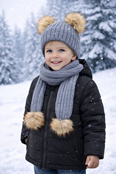 ŞAPKAKİDS Gray Natural Double Pompon Knitwear Scarf Beanie Set