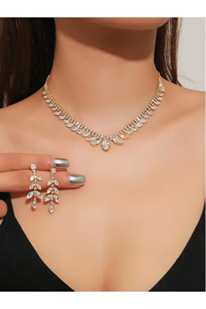 Estilo Lingerie Gold Renk Şık Kristal Taşlı Kolye Küpe Seti – Gelin & Özel Gü...