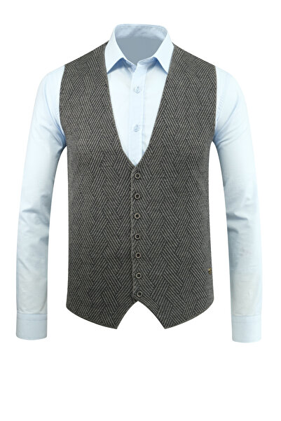 ÇİZGİ Men's Buttoned Vest Without Pockets Patterned Steel Knit Classic Fit