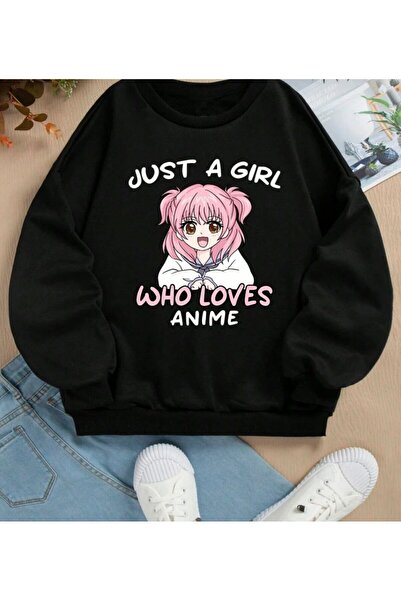LELVANİ Women's Just a Girl Who Loves Anime Printed Crop Sweatshirt