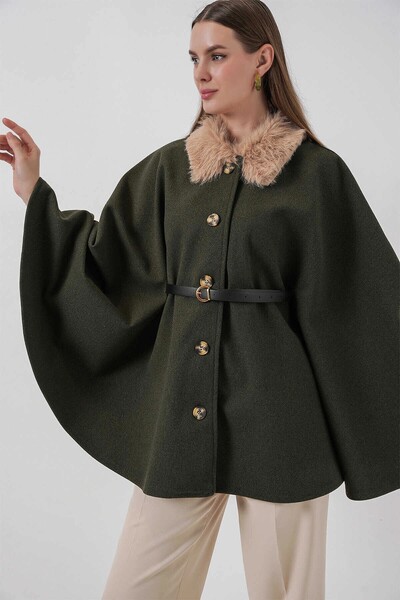 Yasmy Collection Women's Khaki Fur Collar Buttoned Belted Cashmere Poncho Hzl...