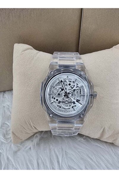 benon Men's Carbon Waterproof Watch with Transparent Strap and White Dial