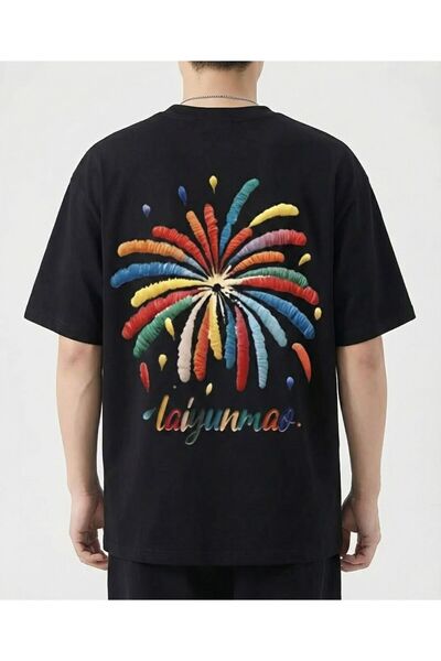 LELVANİ Unisex Black T-Shirt with Colorful Patterned Flower Image