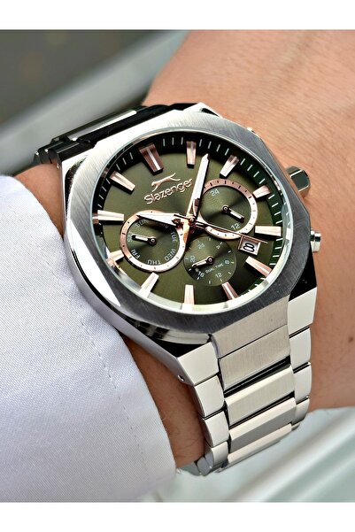 Slazenger Functional Silver-Green Color 10 Atm Water Resistance Steel Case Me...