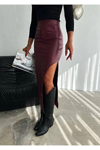 Yasmy Collection Kadın Bordo Yüksek Bel Cep Detaylı Yandan Yırtmaçlı Etek HZL...