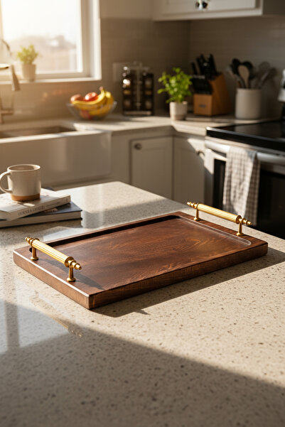 Amandus Golix - Wooden Tray with Gold Metal Handle Presentation Tray Tea Coff...
