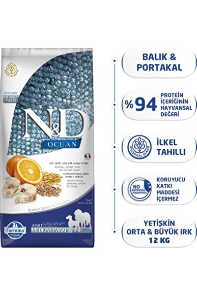 N&D Düşük Tahıllı Ocean Morina Balıklı Portakallı Yetişkin Köpek Maması 12 kg