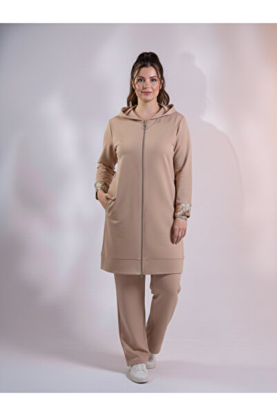 MONJER Büyük Beden Camel Fermuarlı Kapüşonlu Tunik Pantolon Takım