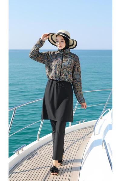 new ats Fully Covered Hijab Swimsuit with Ethnic Pattern, Set of 4 with Bonnet