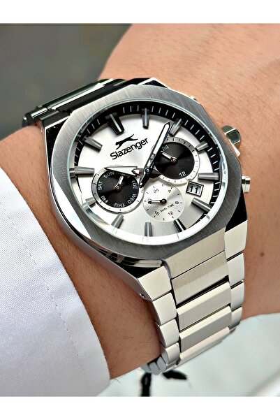 Slazenger Functional Silver Color 10 Atm Water Resistance Steel Case Men Wris...