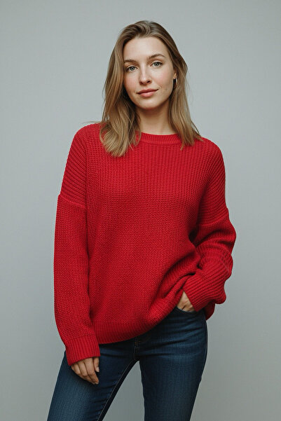 KAREL BUTİK Kırmızı Bisiklet Yaka Oversize Kadın Triko Kazak