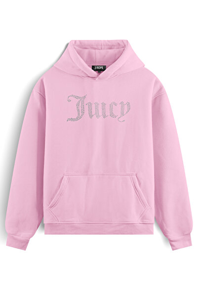 3 ROPE Juicy Double Rhinestone Stone Printed Oversized Hooded Fleece Inside S...