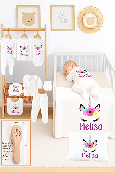 Sitilin Kız Bebek %100 Pamuk Unicorn Organik İsim Baskılı Yenidoğan Hastane Ç...