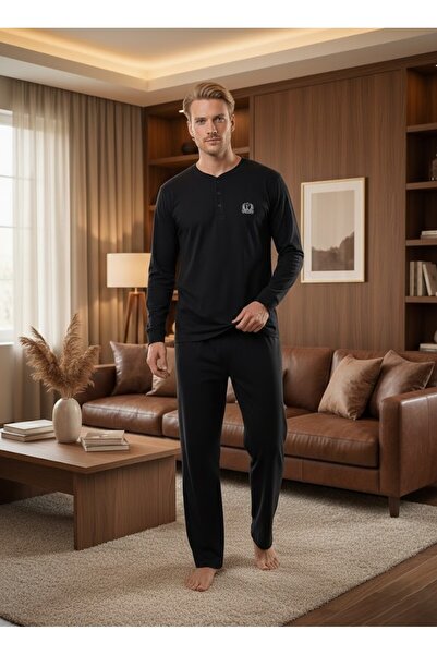 Lohussa Men's New Season Black Crew Neck Long Sleeve Special Design 100% Cott...