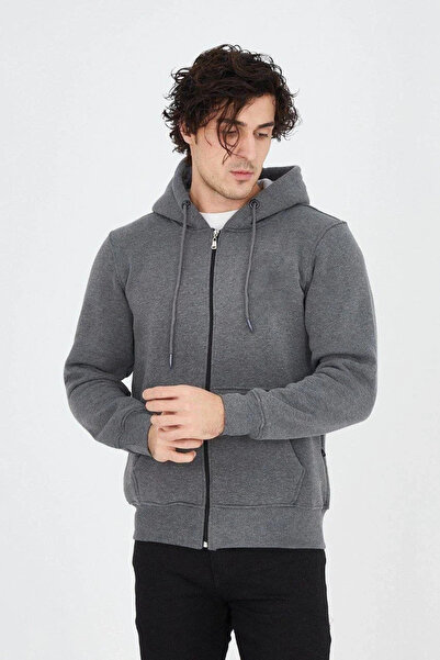 luz&pos Men's Hooded Plain Zippered Cardigan - Smoke