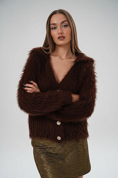 mahira collection Women's Long Furry V-Neck Placketed Washable Knitwear Cardigan