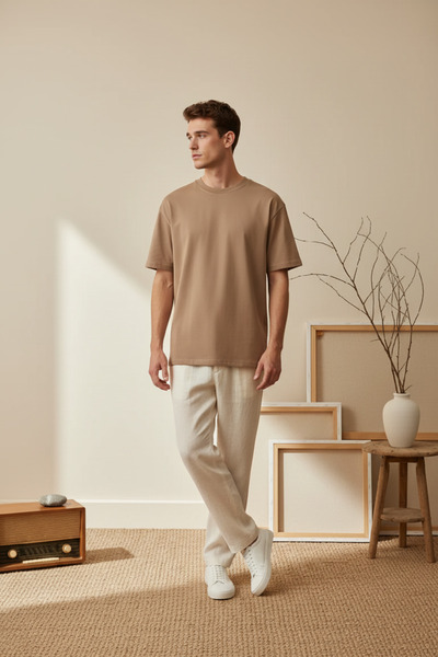 Wonraces Bărbați supradimensionat basic guler rotund Tok Fabric Bumbac tricou