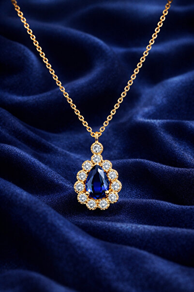 KAR DİAMOND 14 Ayar Altın Zincirli Damla Safir Mavi Taşlı Kolye - Işıklı Hedi...
