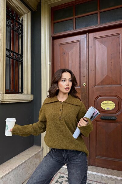 Masal Premium Polo yaka düğmeli yağ yeşili yumoş kazak