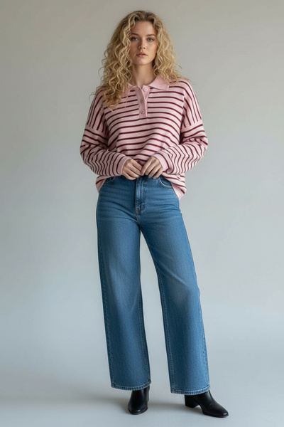 Nostos Algos Pembe Özel İplikli Polo Yaka Çizgili Triko Kazak