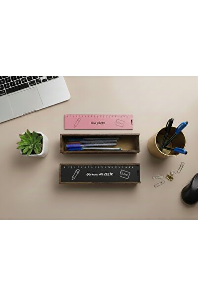 Print Türk İsim Yazılı Cetvel Kapaklı Sürgülü Ahşap Kalem Kutusu Pembe