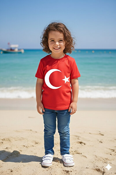 Parti Kırtasiye Erkek Çocuk Unisex Tişört Kırmızı Ay Yıldız Baskılı Tişört Kı...
