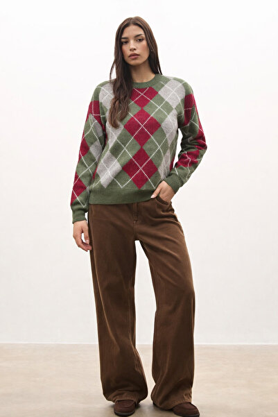 markazzi Khaki Burgundy Baklava Patterned Dimaz Sweater