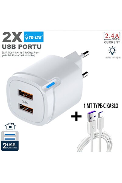 ROXİVA 5v 2.4a Çift Usb Çıkışlı Şarj Cihazı 1mt Type-c Kablo.