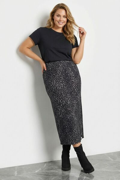 Stil Diva Büyük Beden Leopar Desenli Yırtmaçlı Kalem Etek 160379