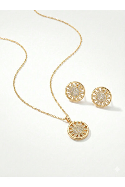 Stella Kadın Gold Kaplama Zirkon Taşlı Yuvarlak Çark Figürlü Zarif Kolye ve K...