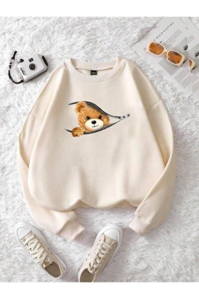 Kids Hanorac de iarnă unisex pentru copii, cu imprimeu ursuleț și fermoar, bej