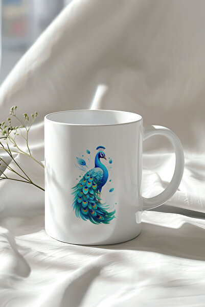 YasBey DESIGN Sevimli Tavus Kuşu Desenli 330ml Baskılı Beyaz Seramik Kupa Bardak
