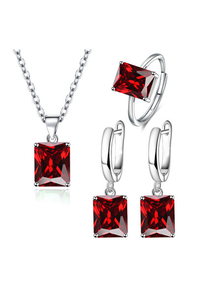 Kracer Silver Necklace, Earrings and Ring Set, with Red Zirconia Stones, Stai...