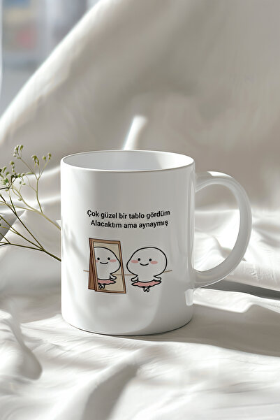 YasBey DESIGN Sevimli Hayalet Ayna Desenli 330ml Baskılı Beyaz Seramik Kupa B...
