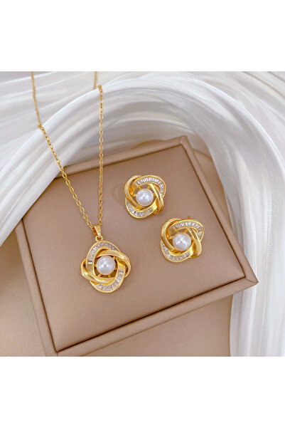 Kracer 18K Gold Plated Necklace and Earring Set, with White Pearls, Stainless...