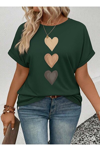 Trend Sizde Unisex Green 3-Heart Printed Crew Neck T-Shirt