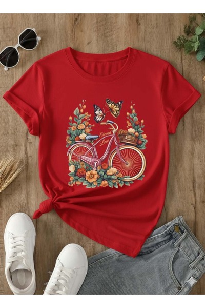 Trend Sizde Unisex Red Floral Bicycle Printed Crew Neck T-Shirt