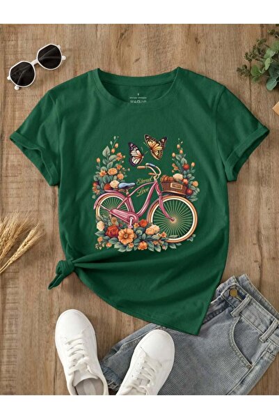 Trend Sizde Unisex Green Floral Bicycle Printed Crew Neck T-Shirt