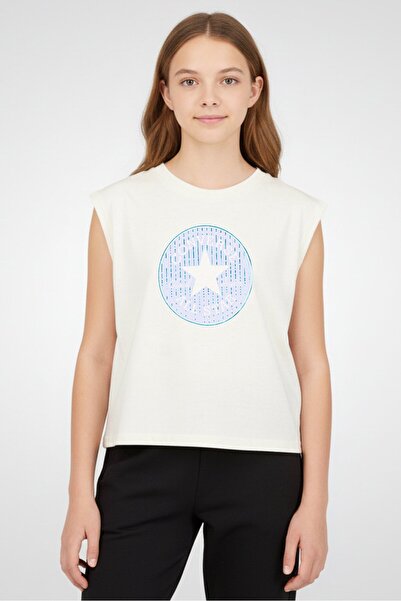 Converse ملابس رياضية للبنات، بلوزة خارجية بدون أكمام، بيج