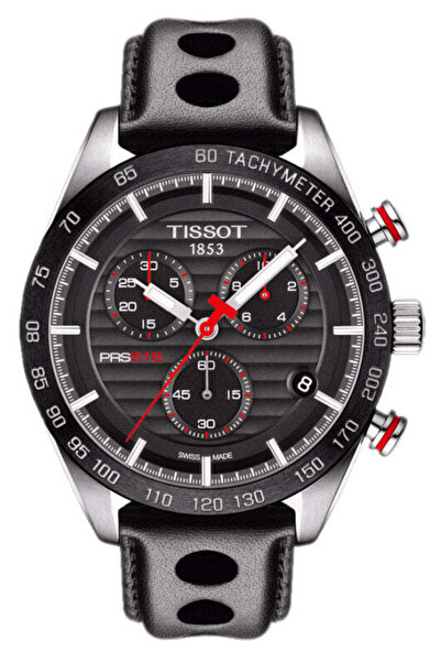 TISSOT PRS 516 Chronograph Black Dial Black Leather Strap for Men