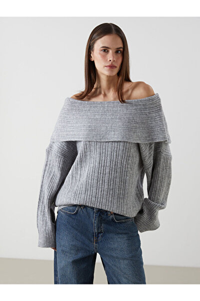 LC Waikiki Γκρι πλεκτό πουλόβερ γυναικείο με λαιμόκοψη