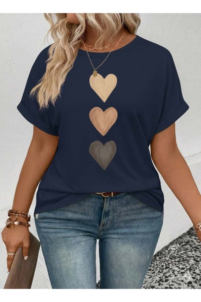 Trend Sizde Unisex Navy Blue 3-Piece Heart Printed Crew Neck T-Shirt