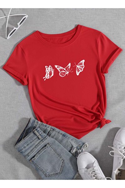 Trend Sizde Fluture roșu unisex din 3 piese cu imprimeu guler rotund tricou