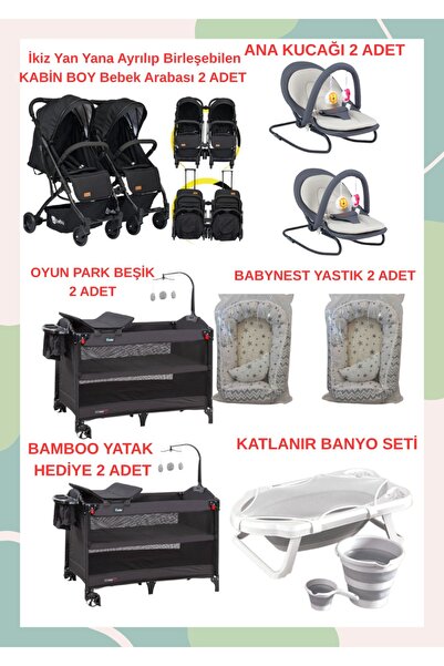 TURHANBEBE Yeni Doğan İkiz Bebek Çeyiz Seti Beşik Bebek Arabası Ana Kucağı Ba...
