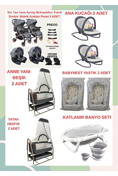 TURHANBEBE Yeni Doğan İkiz Bebek Çeyiz Seti Beşik Bebek Arabası Ana Kucağı Ba...