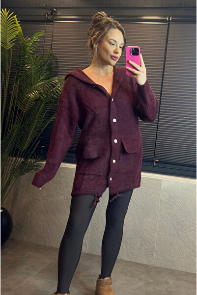 MİR STORE Burgundy Hooded Pocket Detailed Plush Long Cardigan
